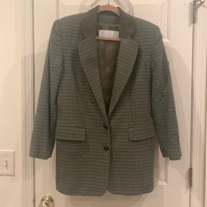 Green windowpane wool blazer with suede collar